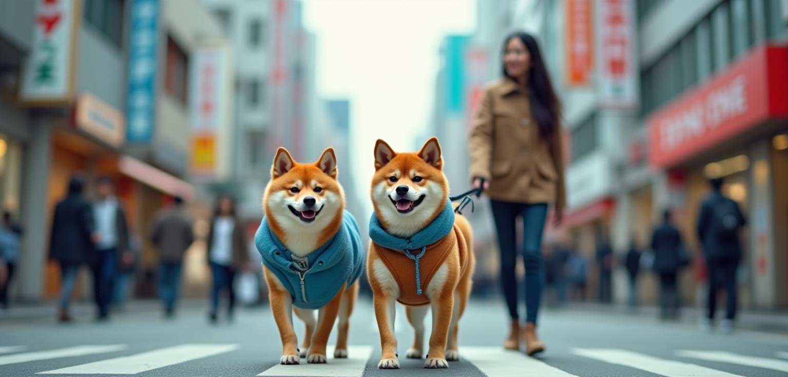 東京の街中でおしゃれな犬服を着た柴犬と飼い主