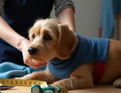 フィッティング中の犬に布地を合わせる様子